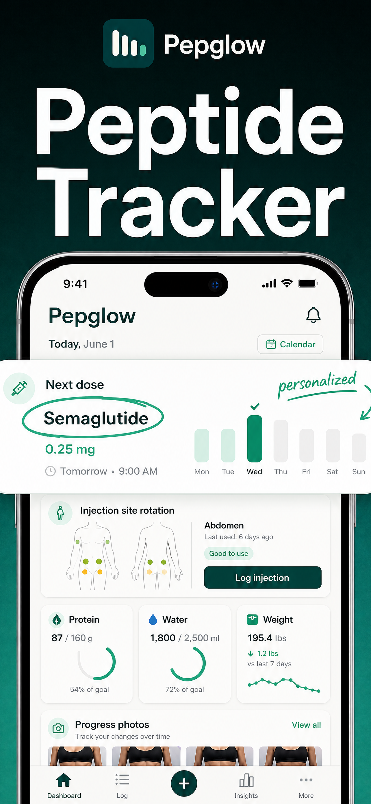 Pepglow iOS App Dashboard showing estimated peptide blood concentration curves and dosage logging